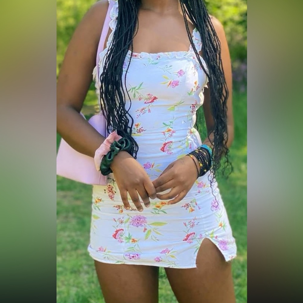 Floral White Mini Dress with Pink and Green Accents
